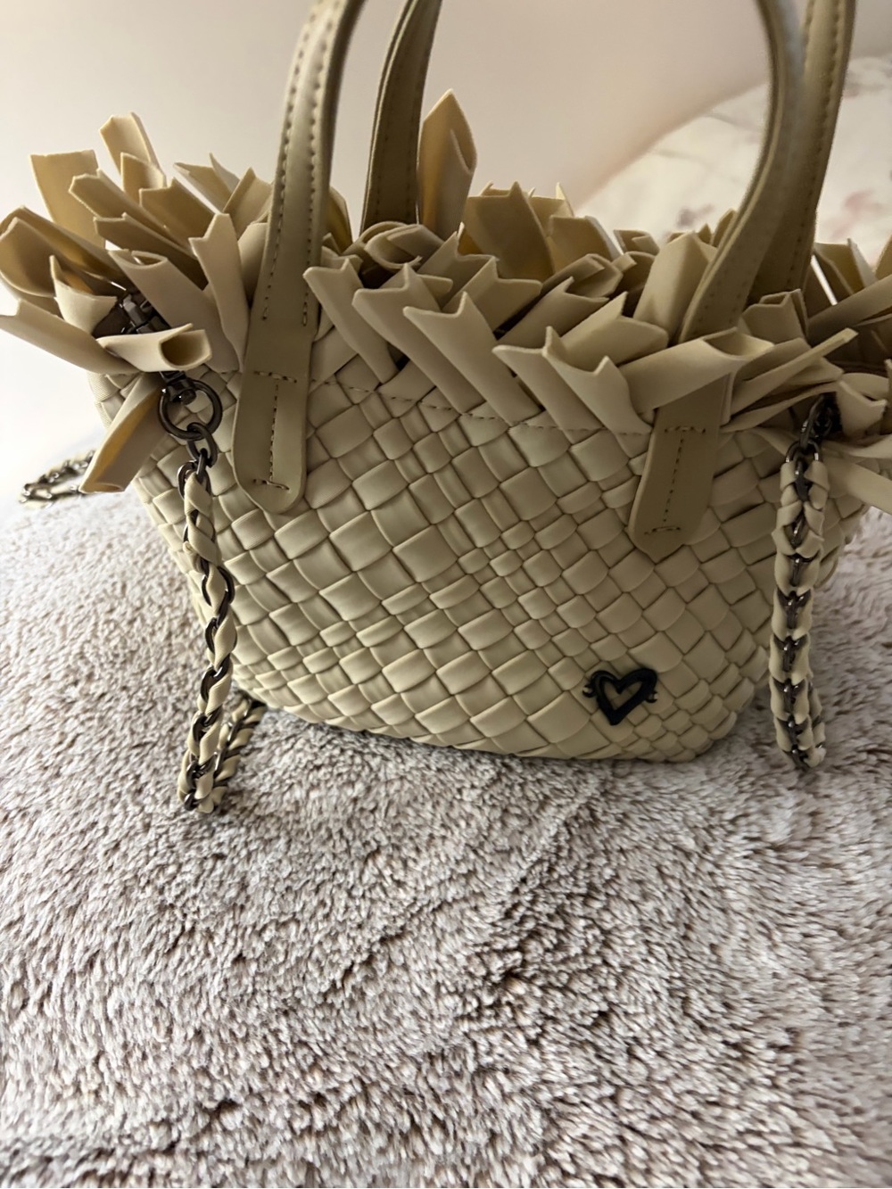 Woven Cream Tote Bag with Decorative Trim